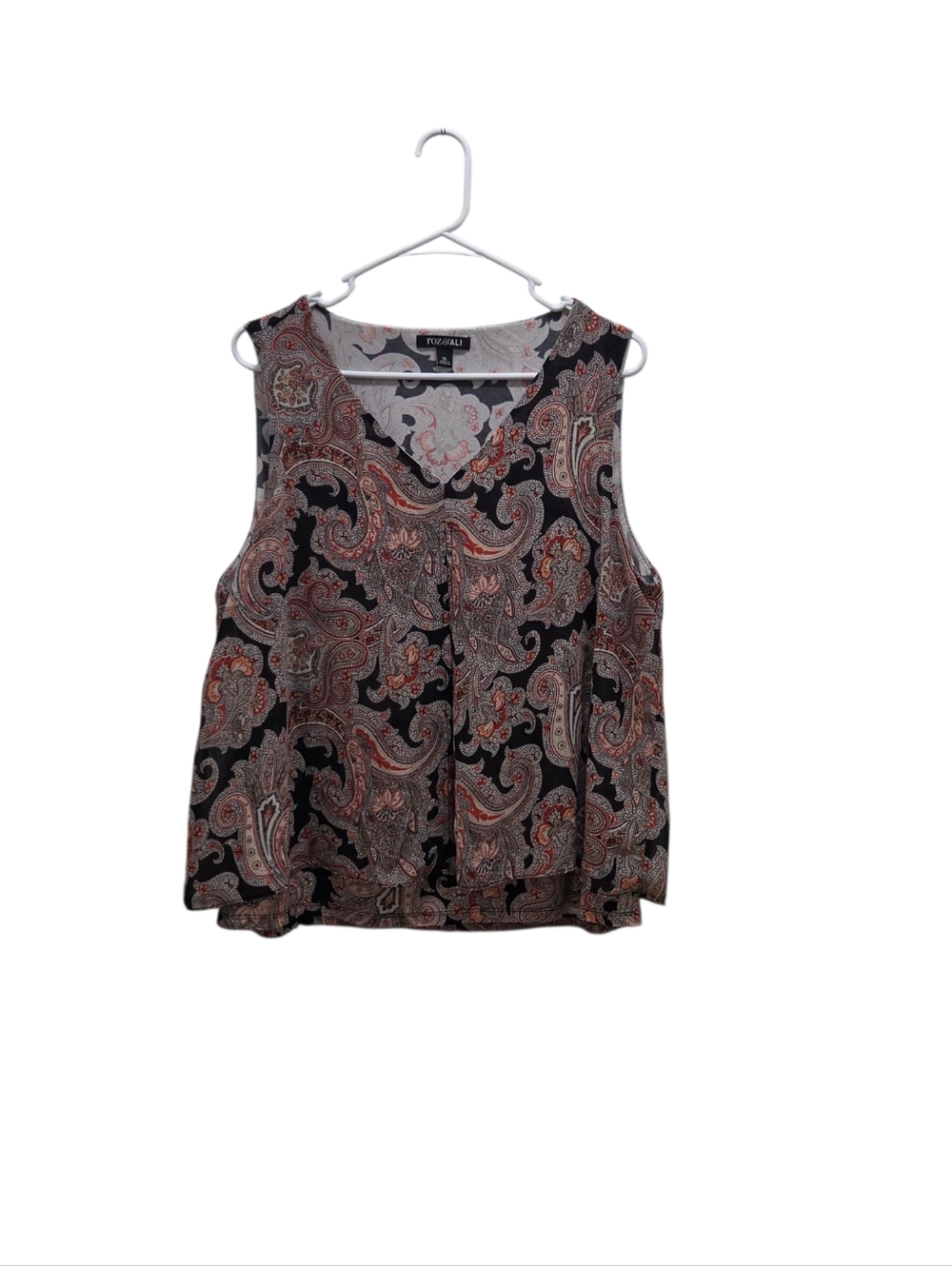 Roz & Ali Black Multicolored Paisley Vneck Sleeveless Blouse Sheer Overlay Sz XL